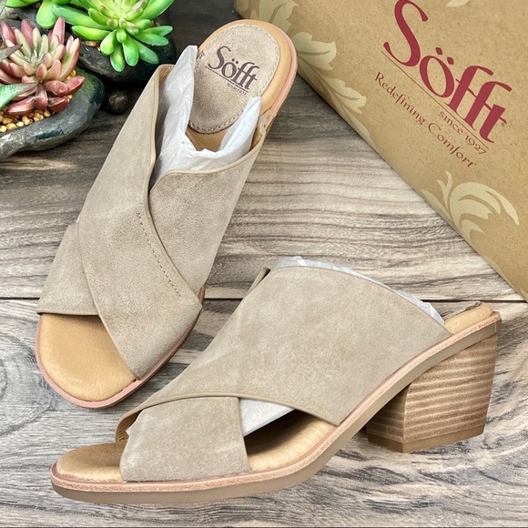 NIB Sofft Perrie Block Heel Slip On Sandal Light Grey Suede Leather 8M - Picture 1 of 12